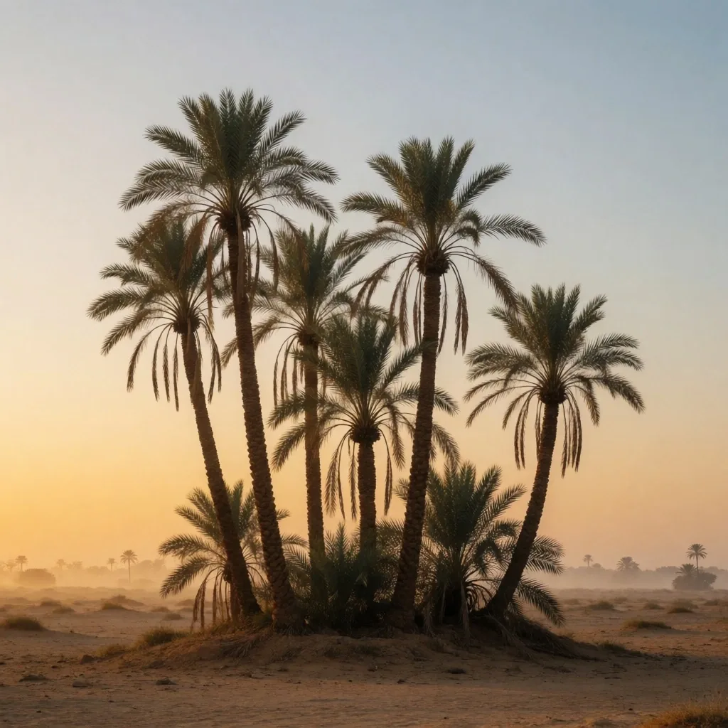 Palm tree silhouettes against a dawn sky