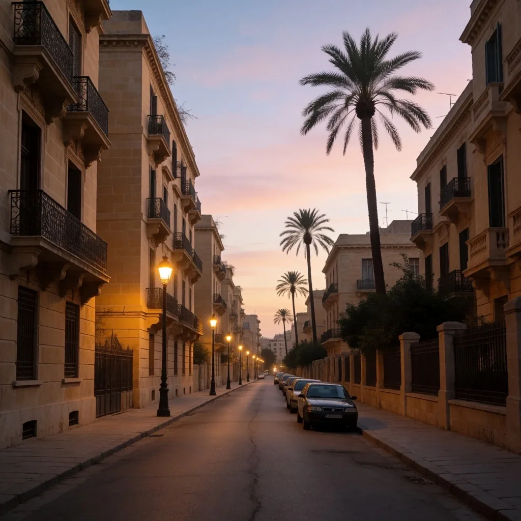 Quiet street scene with palm trees in the Heliopolis area at dusk