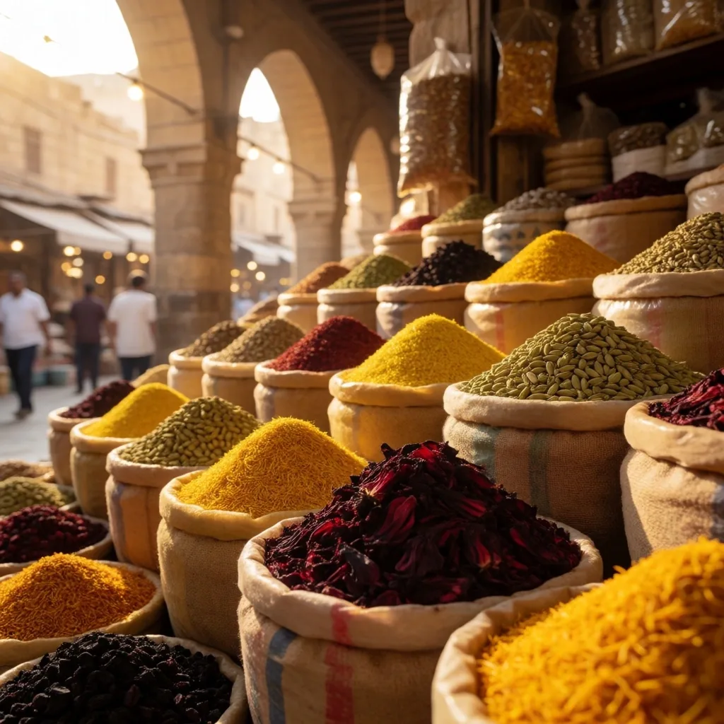 A spice market alley with sacks of colorful spices