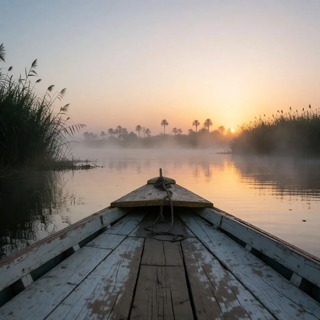 A river ferry crossing calm morning waters