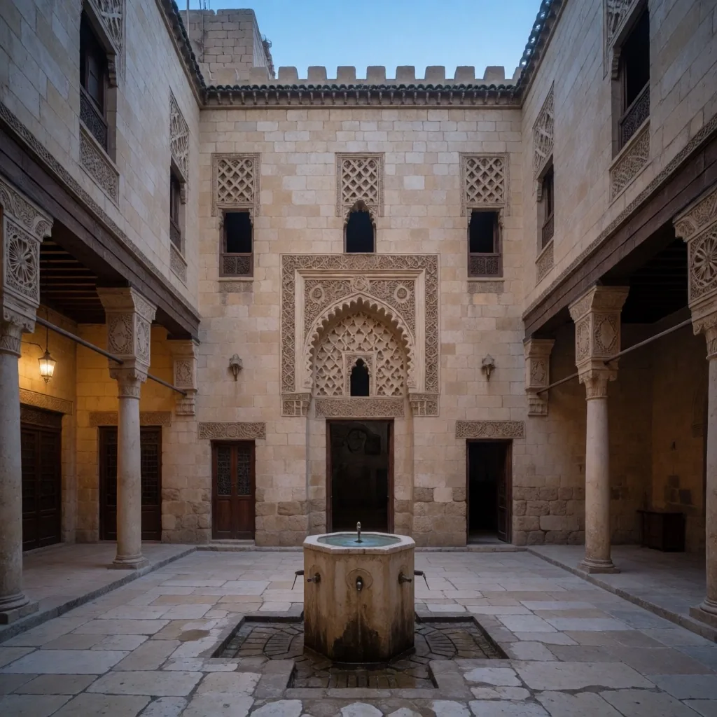 A quiet stone courtyard with ornate carvings