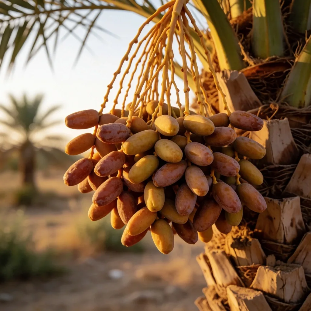 Date palm grove silhouetted against a warm dusk sky