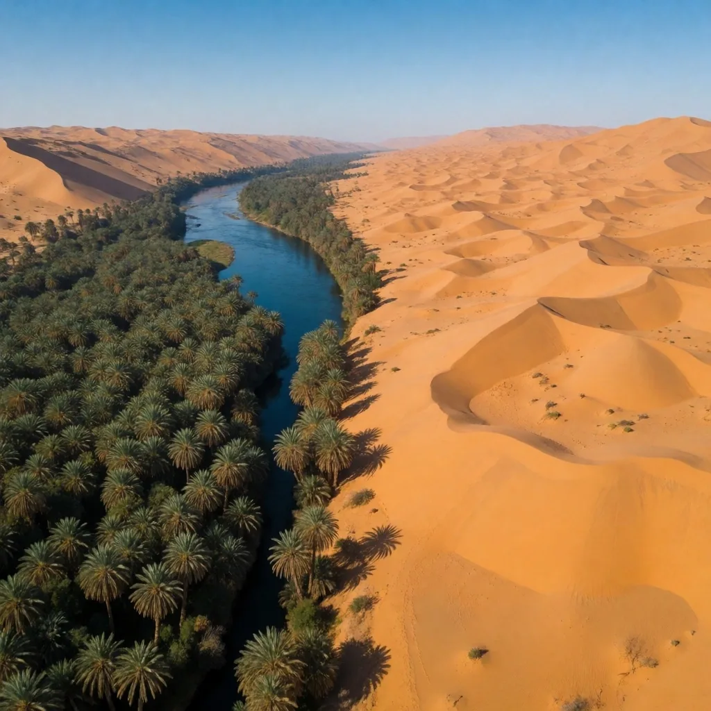 Fertile riverbanks contrasting with arid desert sands