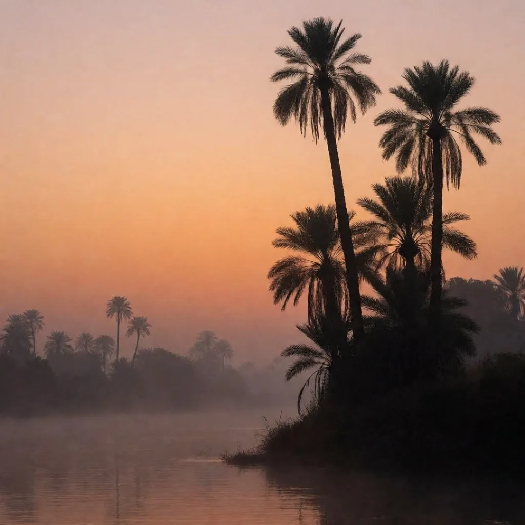 Palm tree silhouettes against a dawn sky