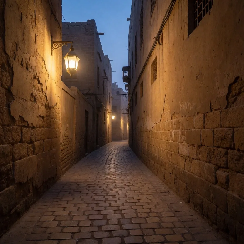 A quiet stone walkway at dawn in old Cairo