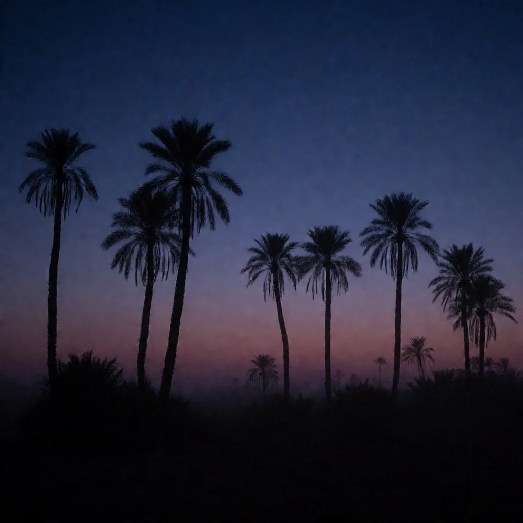 Palm trees silhouetted against a dawn sky over the Egyptian landscape