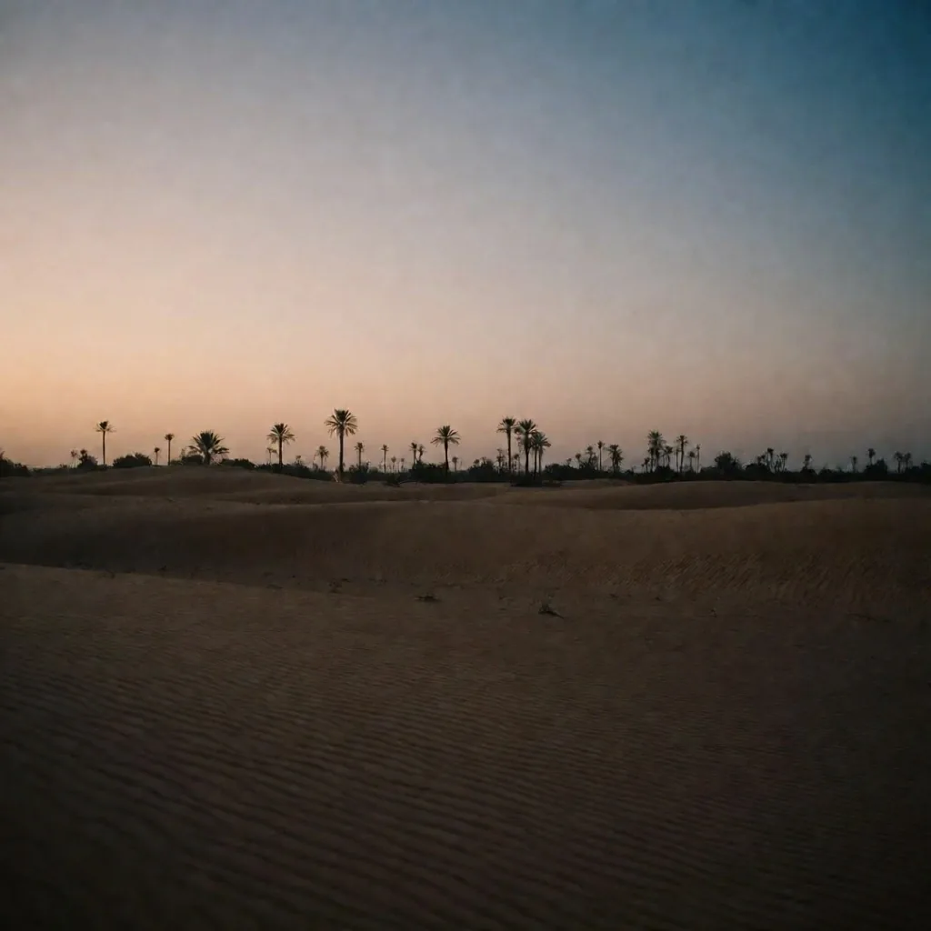 Palm trees on a desert horizon at dusk
