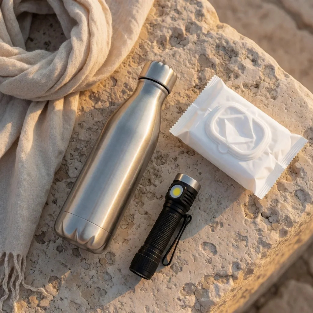 Comfort items arranged on a stone surface