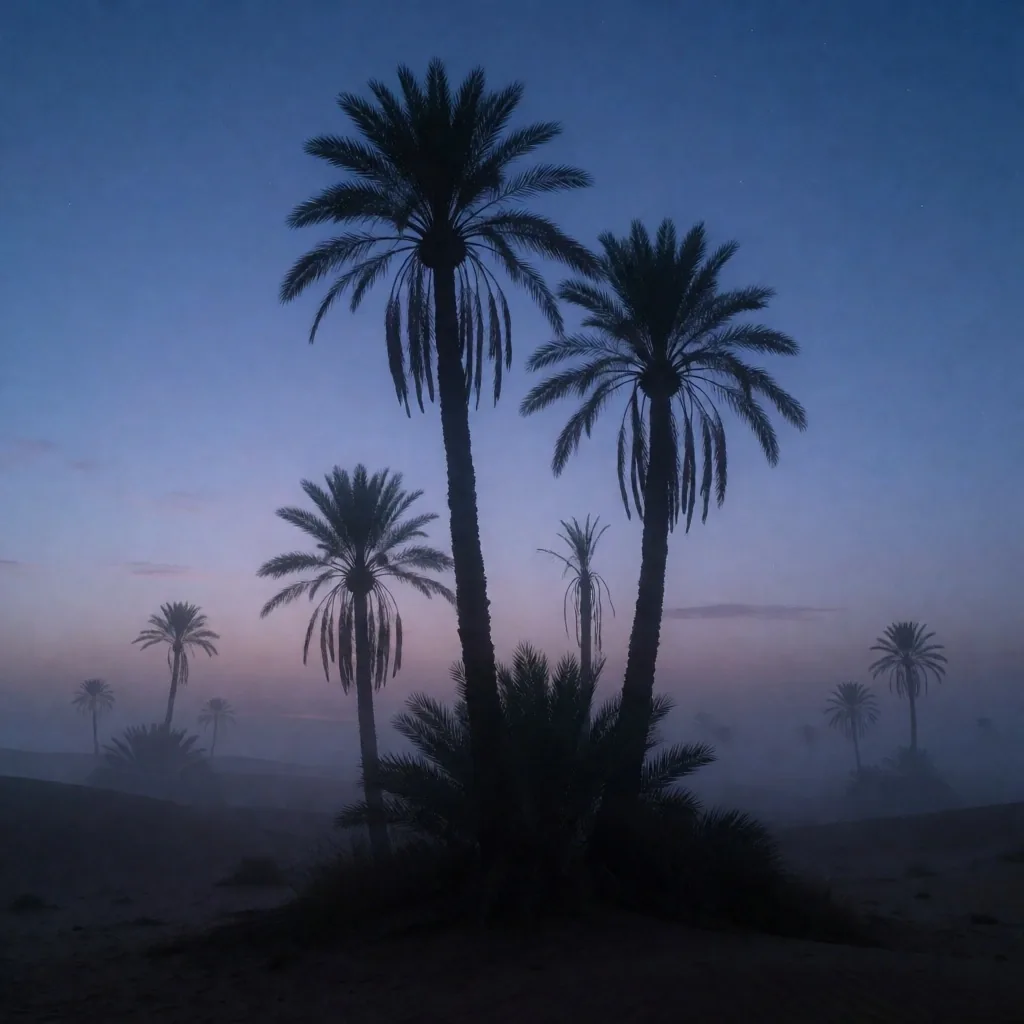 Palm trees silhouetted against a dawn sky over the desert