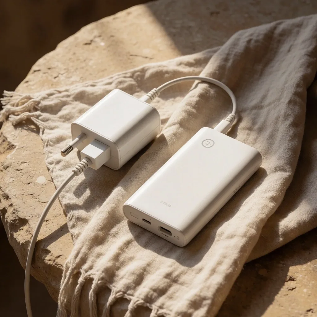 Power adapter and power bank on a woven surface