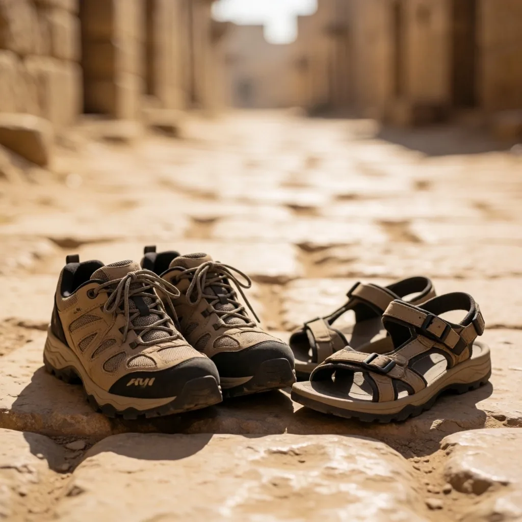 Walking shoes and sandals on warm sand