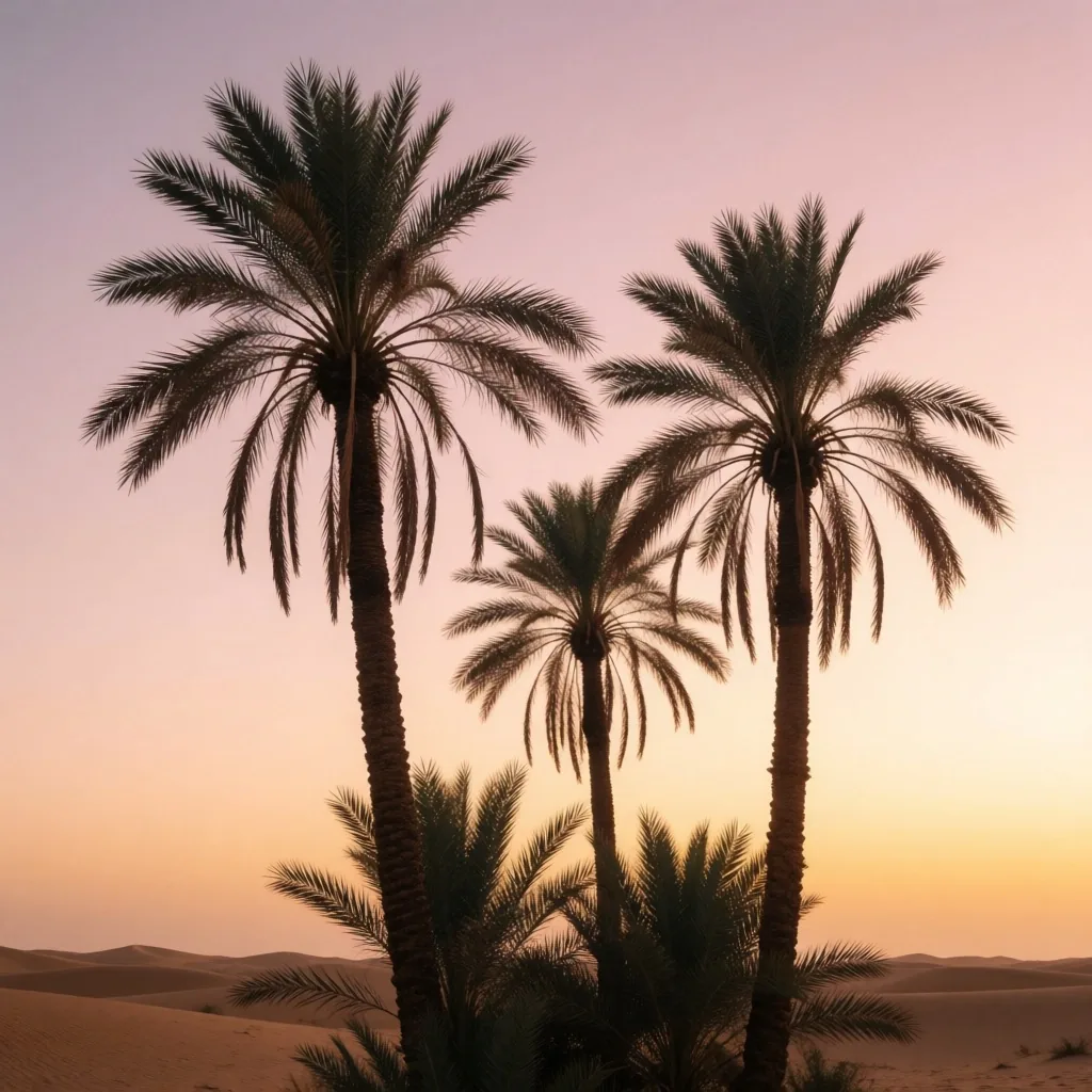 Palm tree silhouettes against a dawn sky