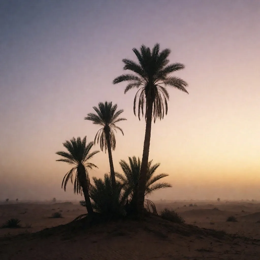 Palm silhouettes at dawn over the Egyptian landscape