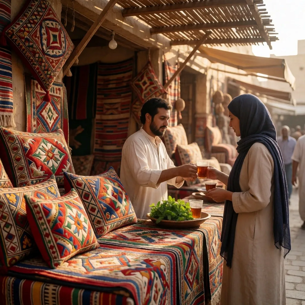 A market stall with textiles and goods