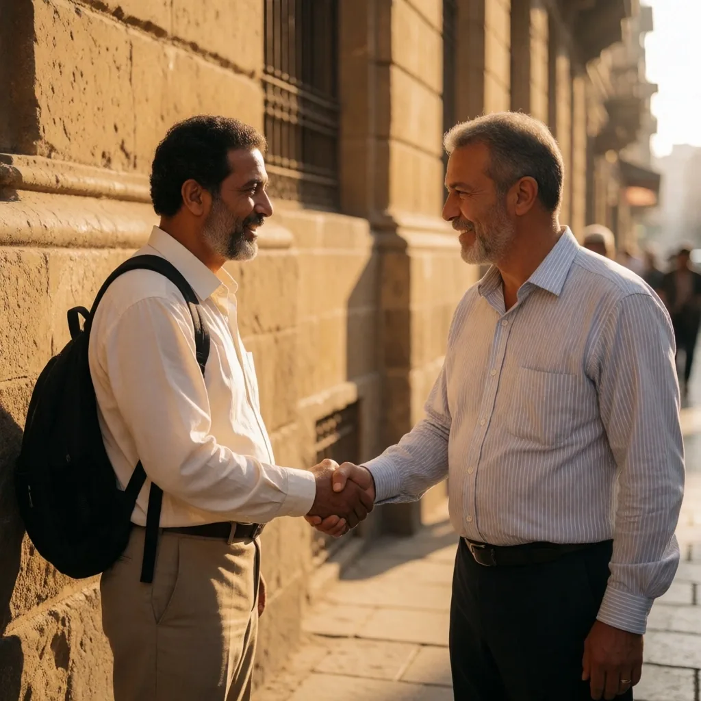 Two men greeting each other on a street