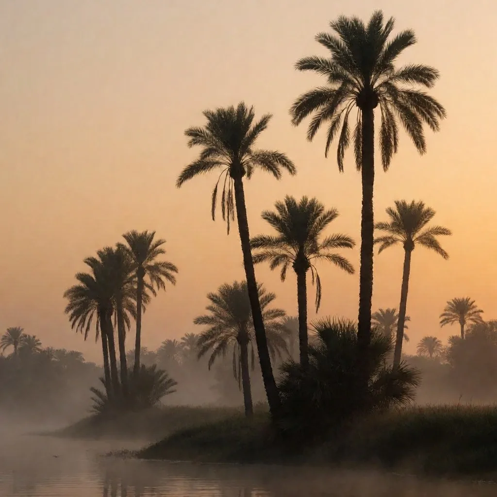 Palm trees silhouetted against a dawn sky
